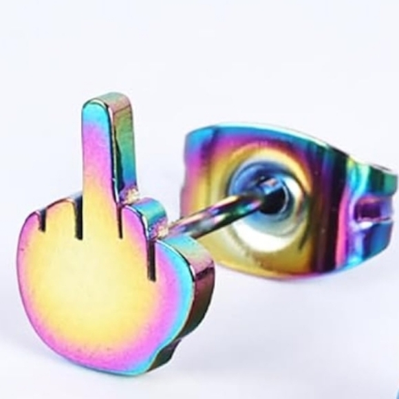 Metallic AB Rainbow Middle Finger Mini Hand Earrings Humor Statement Studs Punk - Picture 4 of 10